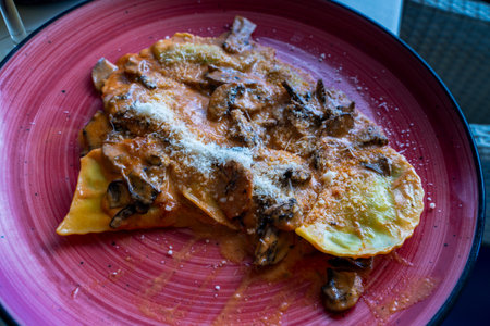 Mediterranean stuffed potato and cheese dumplings with mushroom cream sauce served in a spanish restaurantの写真素材