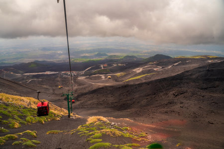 Funivia del Etna cable railway to Etna volcano. Sicily, Italyの写真素材
