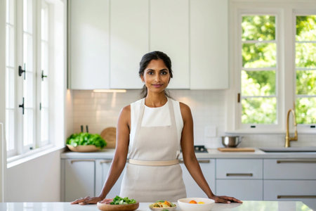 Portrait of smiling young woman standing at table in kitchen at homeの素材
