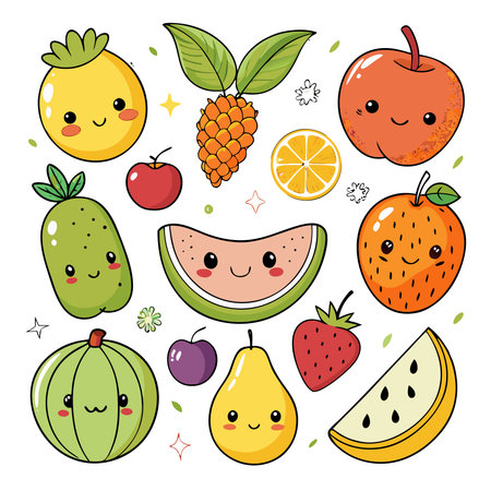 Funny fruit kawaii characters. Vector illustration of cute fruits.の素材