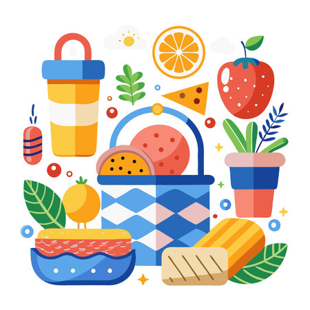 Picnic basket with food and drinks. Flat style vector illustration.の素材