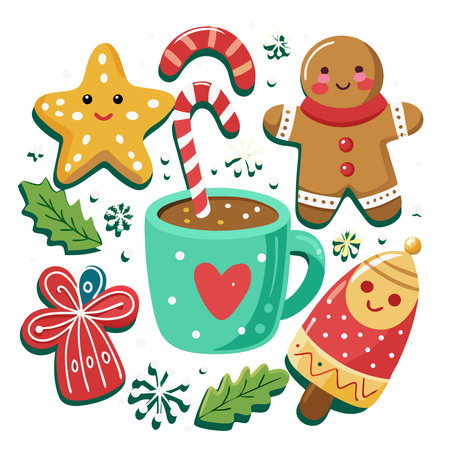 Christmas and New Year vector illustration. Cute gingerbread cookies, cup of hot chocolate, candy canes, gingerbread man, snowflakes.の素材