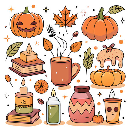 Halloween doodle set with pumpkin, candle, book, autumn leaves, candlestick. Vector illustration.の素材