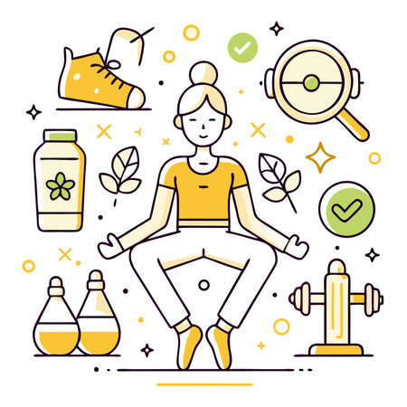 A minimalist line art doodle set featuring a person meditating surrounded by fitness and wellness icons in yellow and white on a transparent background.の素材