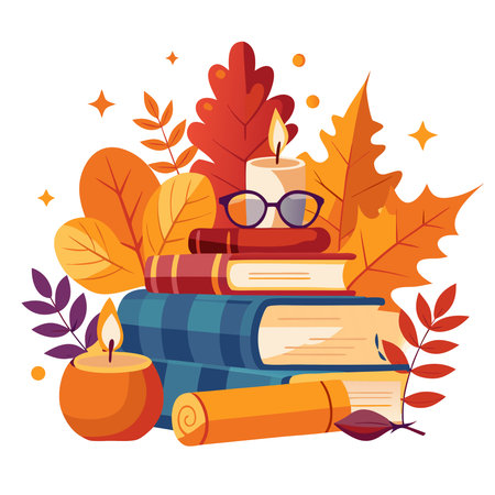 Books and candles with autumn leaves. Vector illustration in flat style.の素材