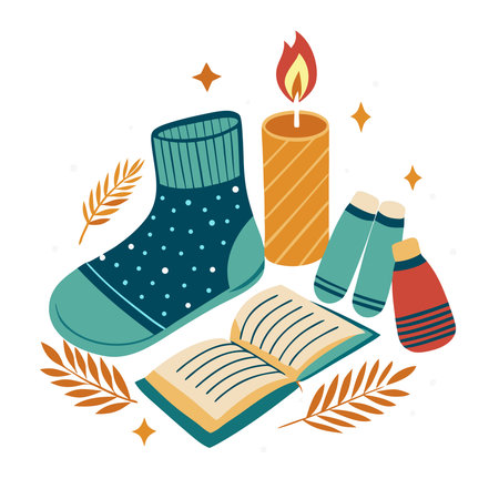 A cozy scene with teal polka dot socks, a lit orange candle, an open book, and autumn leaves on a white background.の素材