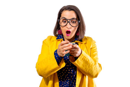 young girl on white background crazy about summer sales