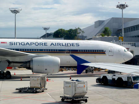 Country- singapore, date-15/05/2020 Singapore airline aircraft park at aircraft standのeditorial素材