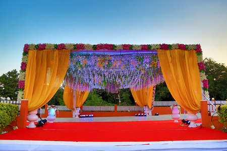 City- Valsad, state- Gujarat Country- India, Date09/16/2020 traditional indian grand wedding entry gate at open part plotのeditorial素材