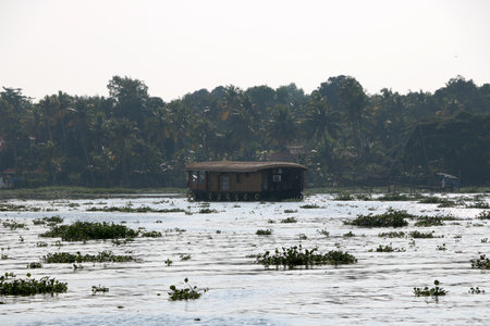 Traditional Indian houseboat near Alleppey on Kerala backwatersの写真素材