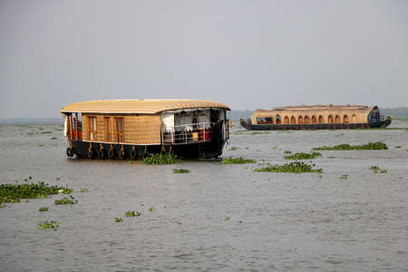 Traditional Indian houseboat near Alleppey on Kerala backwatersの写真素材
