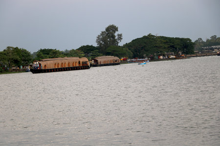 Traditional Indian houseboat near Alleppey on Kerala backwatersの写真素材