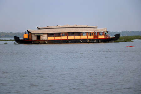 Traditional Indian houseboat near Alleppey on Kerala backwatersの写真素材