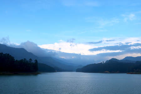 landscape of river with background of mountains blue dark background at Kerala Indiaの写真素材
