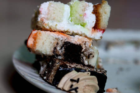 portrait view of Different flavor pastry cake in plateの写真素材
