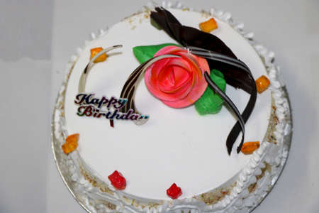 white creamy birthday cakeの写真素材