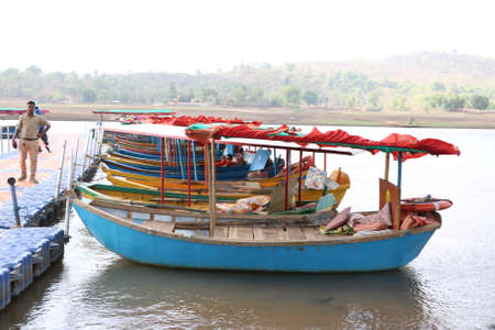 Wooden Boat (ferry) tourist attraction at lake of dudhni at Gujarat- Indiaの写真素材