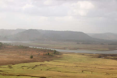 areal view of river and hill from top of the hill at ajmal ghad gujarat indiaの写真素材