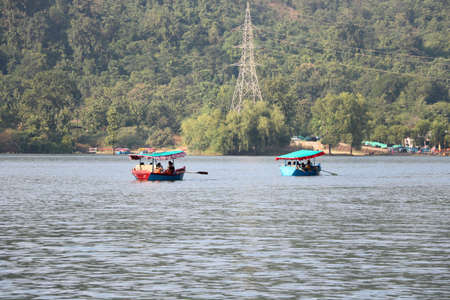 landscape view of colorful Wooden boat as Tourist attraction at Dudhni-Gujarat-indiaの写真素材