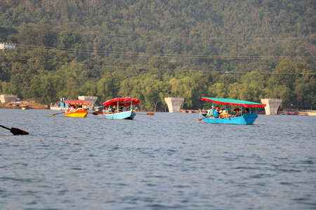 landscape view of colorful Wooden boat as Tourist attraction at Dudhni-Gujarat-indiaの写真素材