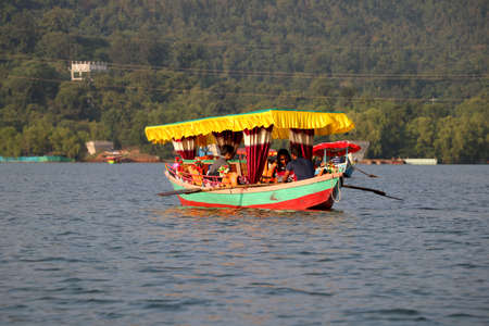 landscape view of colorful Wooden boat as Tourist attraction at Dudhni-Gujarat-indiaの写真素材