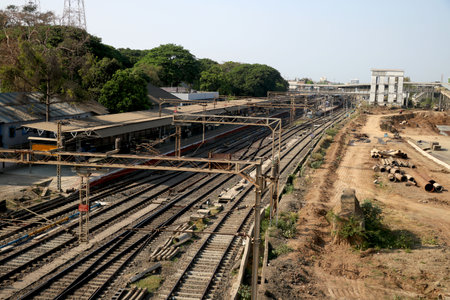Railroad tracks and Switches near a train stationの写真素材