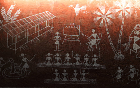 Traditional art work on wall in Indiaの写真素材