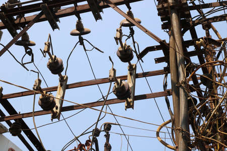 electric wire on double deadens three-phase lateral on poleの写真素材