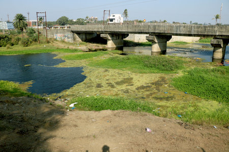 Landscape view of concrete bridge on river and algae on waterの写真素材