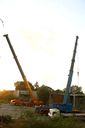 crane truck at construction site background of blue skyの写真素材