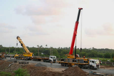 crane truck at construction site background of blue skyの写真素材
