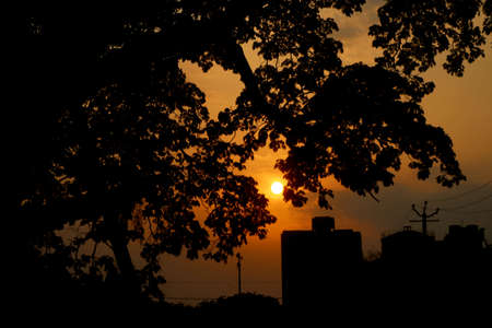 Sunset view with dark black and orange background of buildingの写真素材