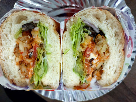 Homemade Italian Sub Sandwich. Macro. Selective focus.の写真素材