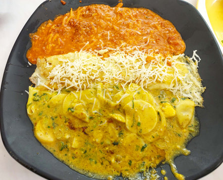 Close view of egg maharaja with three different curryの写真素材