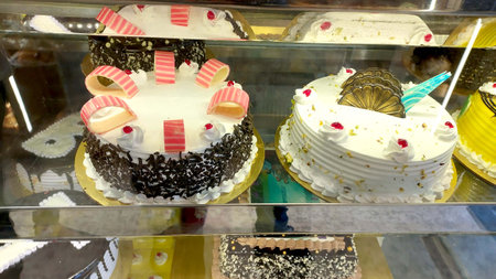 arious Cake with Icing in Refrigerated Bakery Case Cabinet.の写真素材