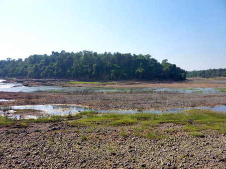 Landscape view of river get dry near waterfall and blue sky and green treesの写真素材