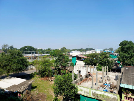 Areal view of city toy house trees and open skyの写真素材