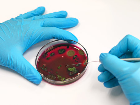 Scientist analysis Escherichia coli (E.coli) culture with Eosin Methylene Blue (EMB) Agar in Petri...