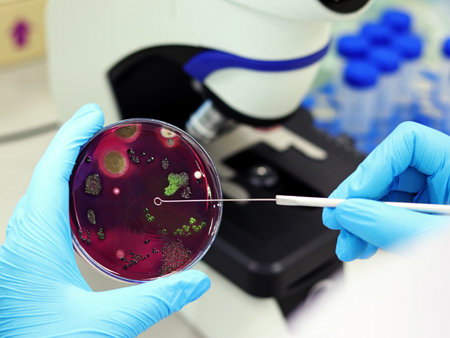 Scientist analysis Escherichia coli (E.coli) culture with Eosin Methylene Blue (EMB) Agar in Petri...