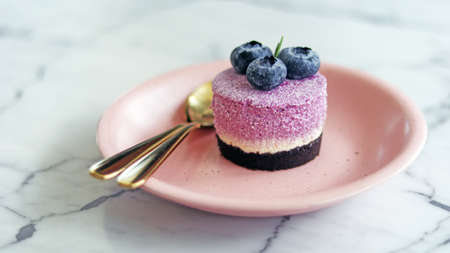 Blueberry cheese pie cake with chocolate and whipped cream on pink plate with golden spoon, homemade cake good for eating with coffee, yummy and tasty relaxing day, isolated in white granite table.の写真素材