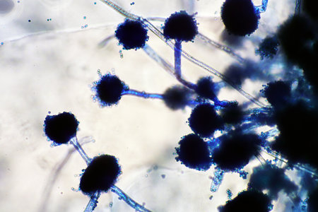 Microscope of black fungus spore strain with Lactophenol cotton blue, molds or yeasts with macro 40x...