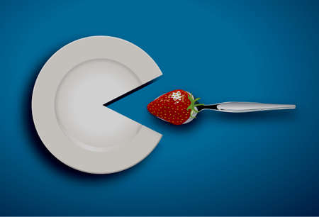 white plate eat strawberry with spoon on blue background