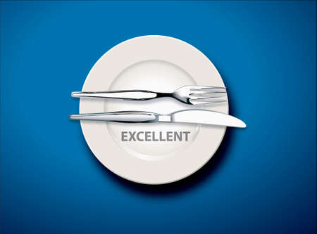 White empty plate with fork and knife on light blue tableclothのイラスト素材