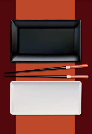 Vector of Sushi white and black empty plate with chopstickのイラスト素材