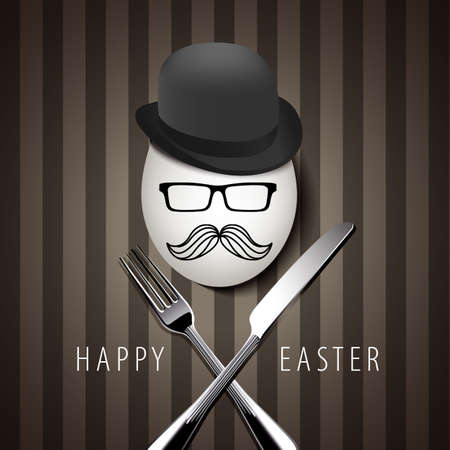 Vector Single Hipster Egg on with Knife and Fork on Brown Backgroundのイラスト素材