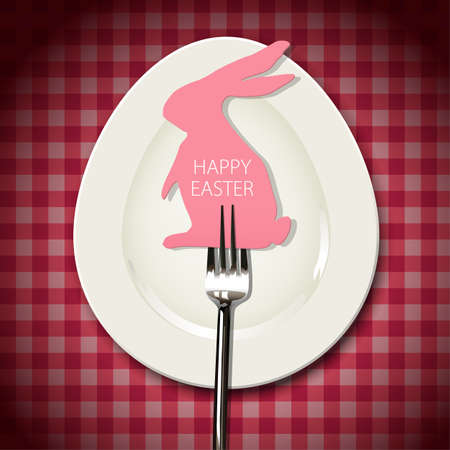 Vector of rabbit easter card with fork on white oval dishのイラスト素材