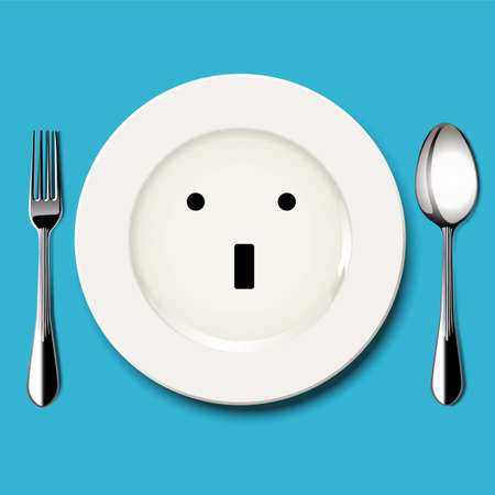 Vector of wonder face draw on white plate with spoon and fork on blue backgroundのイラスト素材