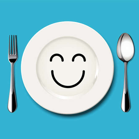 Vector of happy face draw on white plate with spoon and fork on blue backgroundのイラスト素材