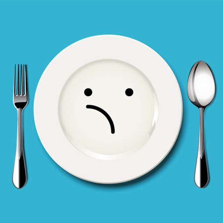 Vector of unsure face draw on white plate with spoon and fork on blue backgroundのイラスト素材