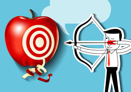 Vector of businessman as an archer is aiming at a red apple targetのイラスト素材